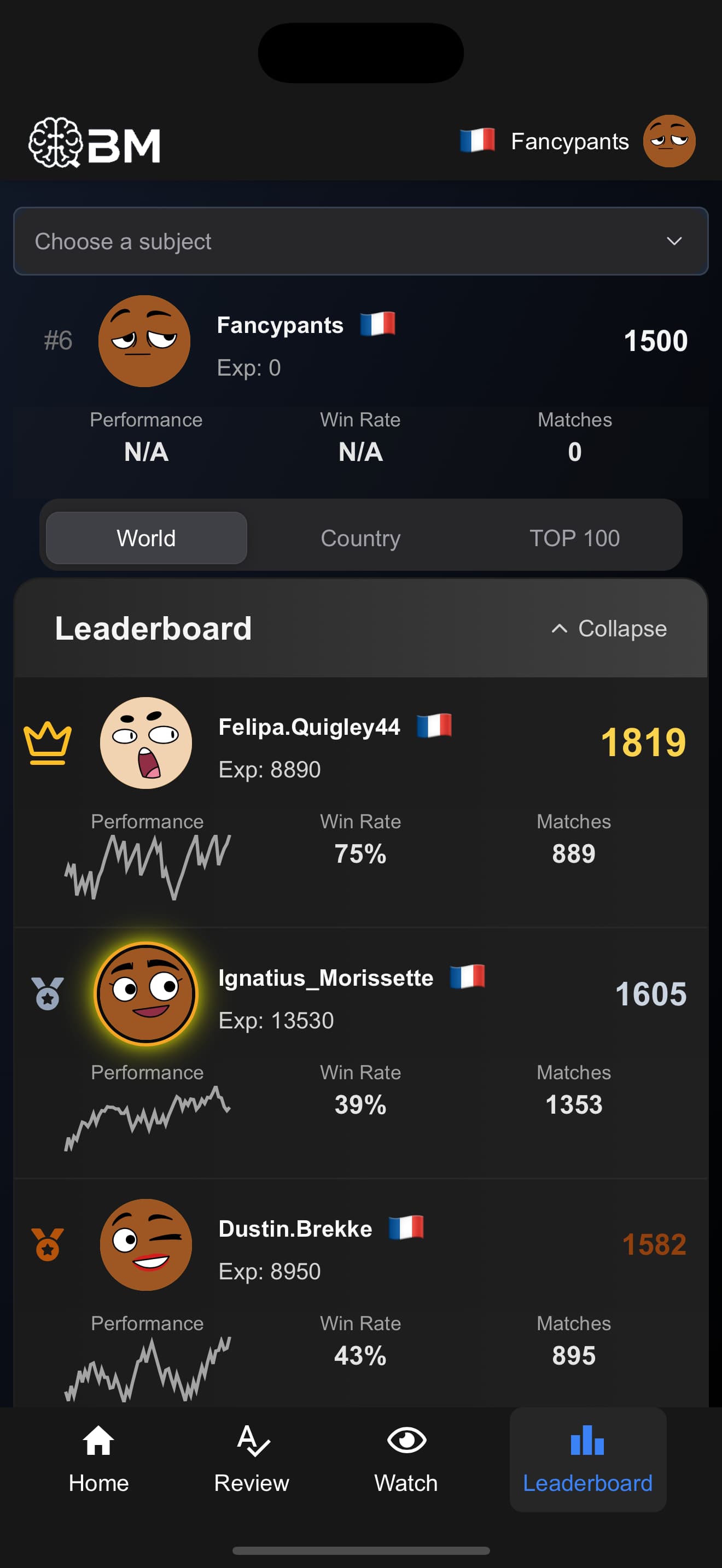 QuizBattleMaster iOS app main screen showing programming quiz categories and 1v1 battle mode